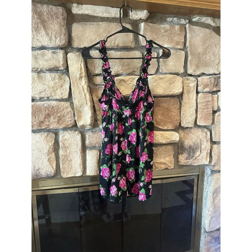 Y2K Smart & Sexy Lingerie Black/Pink Rose Babydoll Slip Dress Ruffle Bow Sheer L